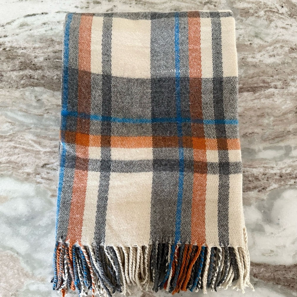 Oversized Fall Plaid Cozy Heavyweight Blanket Scarf - Cream Orange Blue Grey